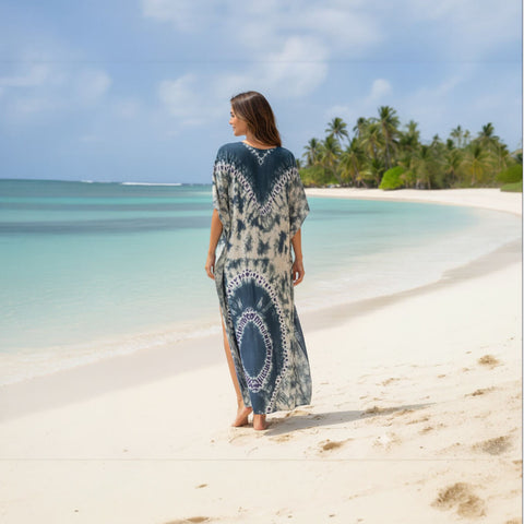 Tribal green tan long kaftan dress beach cover up back view