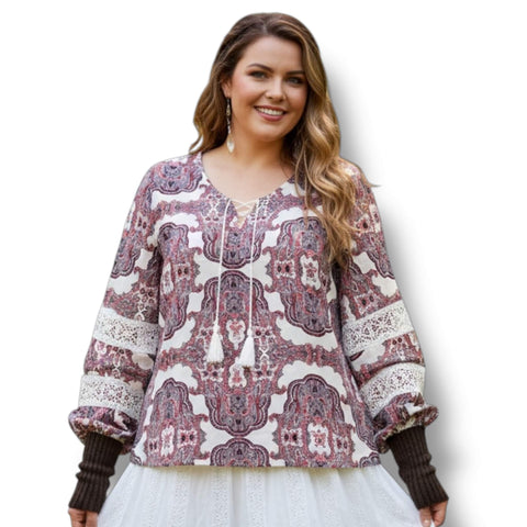 Purple white paisley long sleeve plus size blouse with lace up neckline