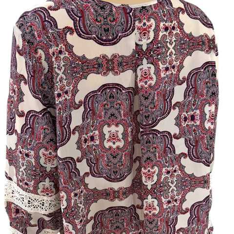 Purple White Paisley Long Sleeve Top Backside paisley plus size blouse in purple, white print