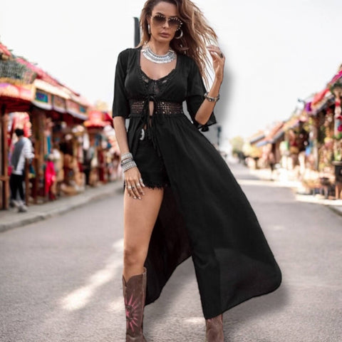 V Neck Waist Tie Long Beach Cover Up