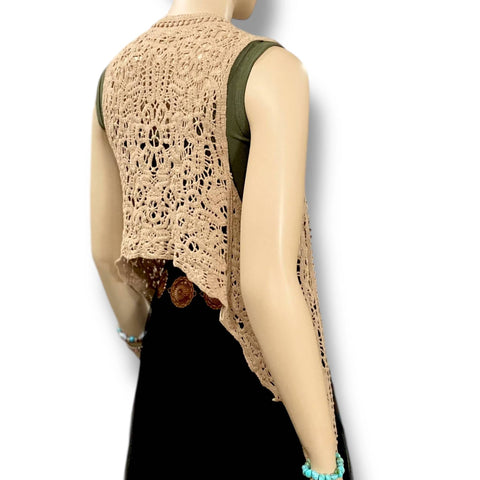 Boho Draped Cardigan Crochet Vest Tan Open Front Open Stitch backside