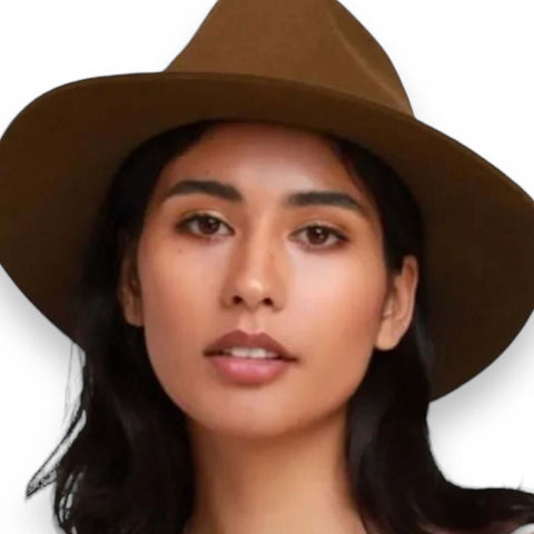 Boho Western Fedora Hat in Large XL women’s fit with wide stiff brim, tall crown, and concho medallion band in black, green, and brown colors.
