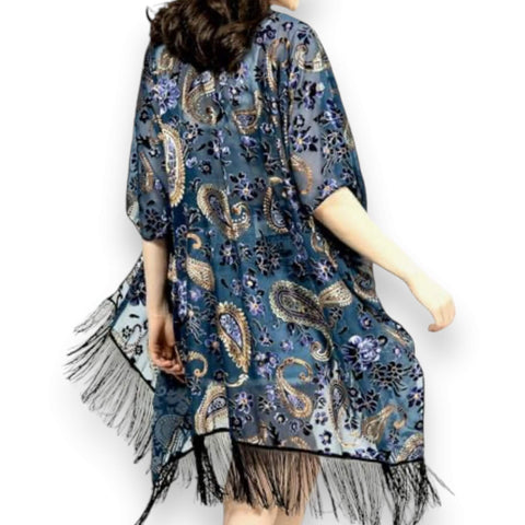 Bohemian Floral Paisley Kimono Jacket black,blue,gold with fringe hem and open front cardigan