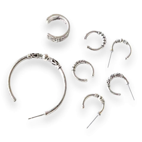 Antique Silver Hoops and Ear Cuffs Set- Wild Time Fashion