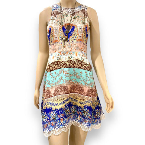 Women's Boho-chic Sleeveless Patchwork Floral  Embroidery Scallop Trim Summer Halter Dress - Medium