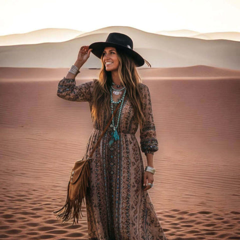 Boho Western Fedora Hat Black XL with tall crown, wide brim, and braided concho band for festival style