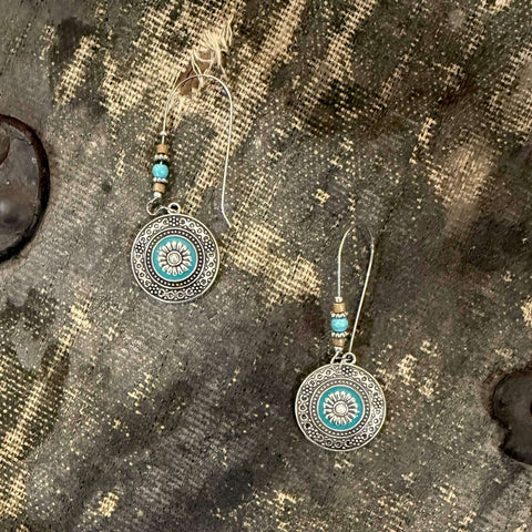 Boho western colorful beaded styles with silver-tone medallions secure with french hooks