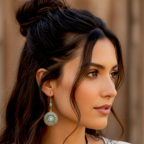 Boho western turquoise dangle earrings in three unique styles with silver-tone medallions, filigree crescent moon, or dome turquoise drop on hooks
