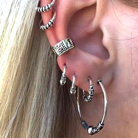 Antique Silver Hoops and Ear Cuffs Set- Wild Time Fashion