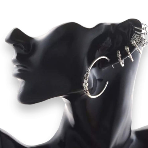 Antique Silver Hoops and Ear Cuffs Set - Wild Time Fashion