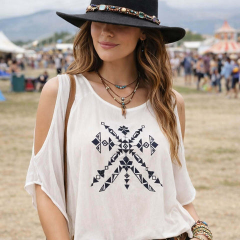 Embroidered Open-Shoulder Poncho Blouse - White black tribal embroidery and pom-pom neckline, lightweight rayon boho western festival top