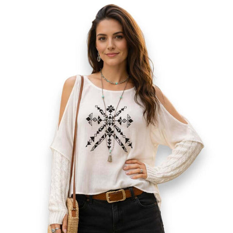 Embroidered Open-Shoulder Poncho Blouse - White black tribal embroidery and pom-pom neckline, lightweight rayon boho western festival top