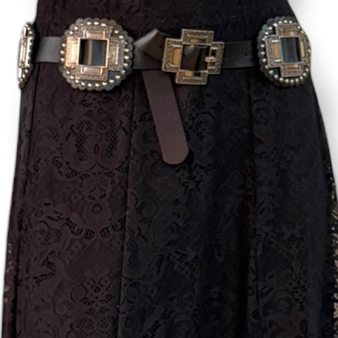 Wild West silver cross concho black statement belt with antique filigree conchos and black strap western style