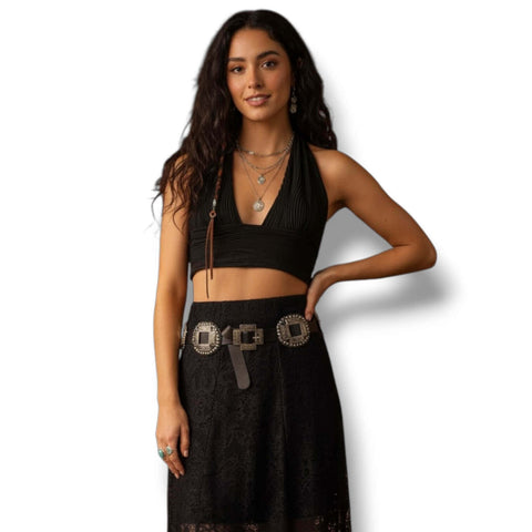 Wild West silver cross concho black statement belt with antique filigree conchos and black strap western style