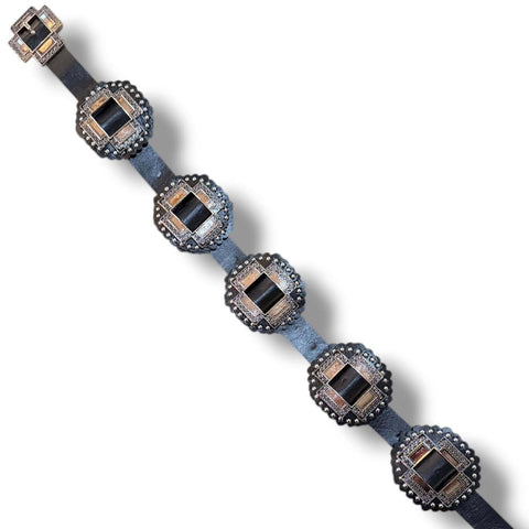 Wild West silver cross concho black statement belt with antique filigree conchos and black strap western style
