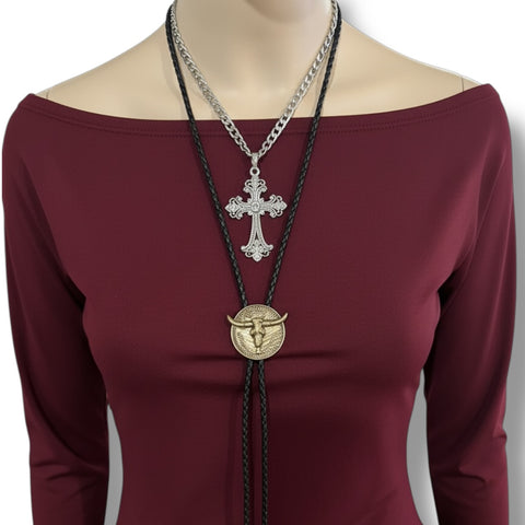 Western Gothic Longhorn Skull Bolo Tie Gold or Silver 