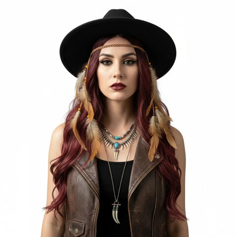 Festival feather headband with braided faux leather ties, wood beads and long flowing feather accents/ fluffy cream brown 