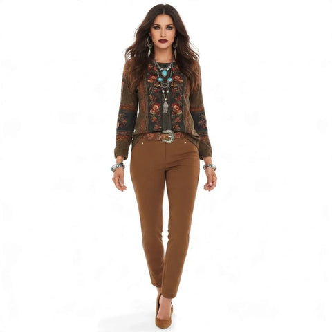 Boho Brown Mid Rise Tapered Ankle Pants in brandy brown with front pockets and gold-tone stud details office attire