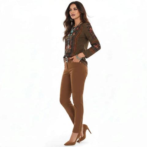 Boho Brown Mid Rise Tapered Ankle Pants in brandy brown with front pockets and gold-tone stud details side view