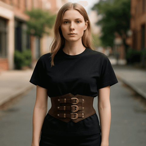 triple buckle wide corset belt with metal tips and elastic snap-back, brown gold accented worn on model on street