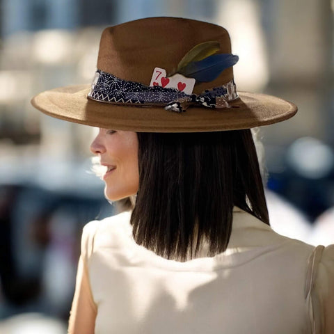 Brown Burnt colorful feather, leather rope, with burnt gambler card and cotton band  wide brim boho western unisex Fedora Hat