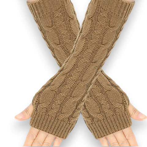 Brown Chunky Cable Knit Warmers Gloves  thumb-hole design and extra-long fingerless arm warmer style