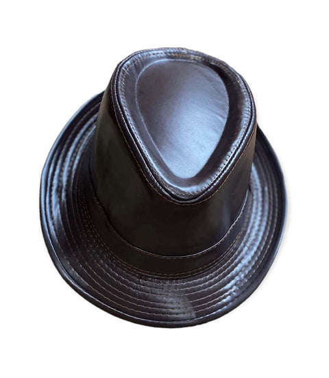 Retro Leather Trilby Fedora Hat dark brown close up image