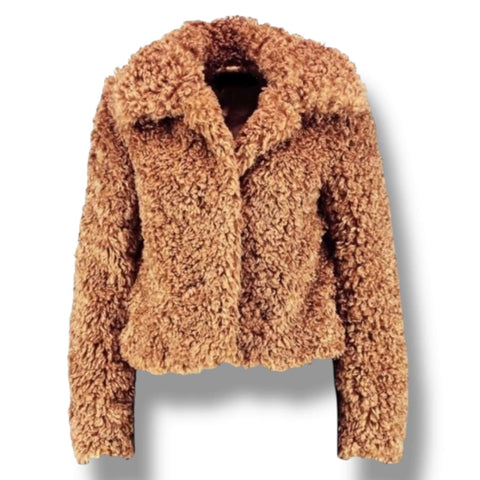 Brown cropped faux fur sherpa teddy jacket with fold-down collar front view