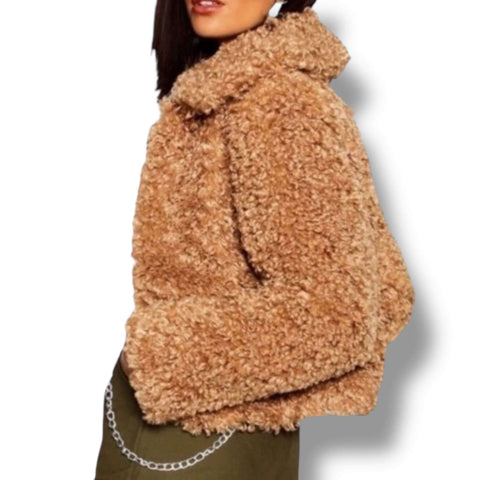 Brown sherpa faux fur jacket cropped fit side pocket view