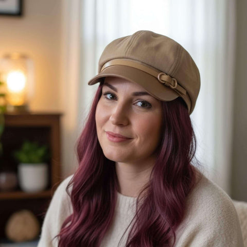 Women's Brown Two Tone Newsboy Hat faux leather stiff brim, band, gold hardware with khaki tan cotton top