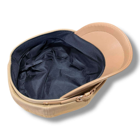 Women's Brown Two Tone Newsboy Hat faux leather stiff brim, band, gold hardware with khaki tan cotton top