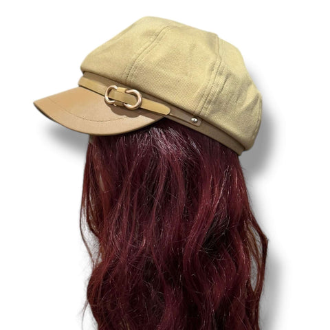 Women's Brown Two Tone Newsboy Hat faux leather stiff brim, band, gold hardware with khaki tan cotton top