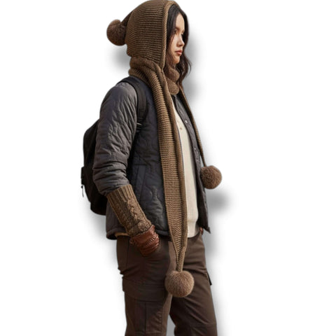Pom Pom Fur Knitted Hooded Scarf fleece lined beanie hood scarf combo with plush pom poms in brown black or pink winter neck warmer
