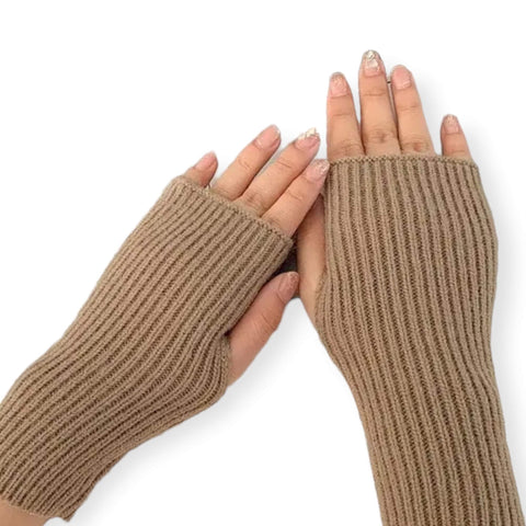 Cozy wool knit arm warmer gloves in ivory and brown with ribbed texture and thumb hole design