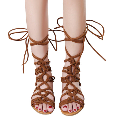 Brown Lace Up Leg Gladiator Sandals - Wild Time Fashion 