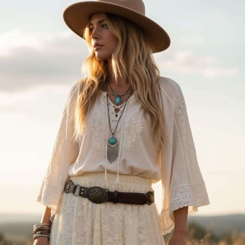 Western floral buckle medallion wide belt in brown or black vegan leather with antique gold studs rivets and O-rings, adjustable buckle closure, 1 3/8 inch strap width