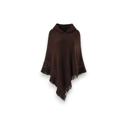 Brown Poncho Fringe Hooded Lightweight Sweater with open-knit trim and fringe hem flat lay