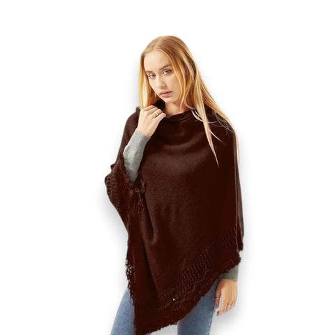 Brown Poncho Fringe Hooded Lightweight Sweater with open-knit trim and fringe hem with hood down