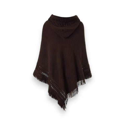Brown Poncho Fringe Hooded Lightweight Sweater with open-knit trim and fringe hem back view