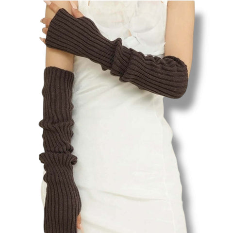 Knitted Long Arm Warmers Gloves — dark brown or black rib knit long fingerless arm warmers with thumb hole, 19.5" length