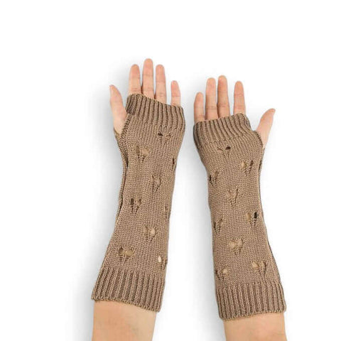Ripped long arm warmer winter gloves in light brown black or white with distressed knit and thumb holes