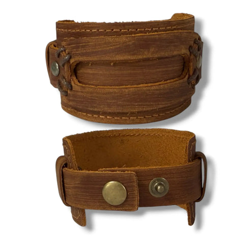 Brown Rustic Leather Cuff Bracelet straps and snaps western, gothic, boho style unisex distressed renegade design