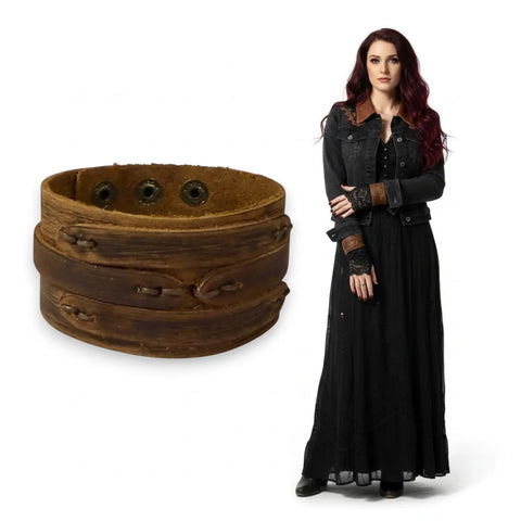 Brown Rustic Leather Cuff Bracelet straps and snaps western, gothic, boho style  distressed stitched design