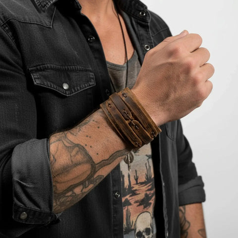 Brown Rustic Leather Cuff Bracelet straps and snaps western, gothic, boho style unisex rustic distressed design