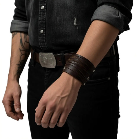 Men Brown Rustic Leather Cuff Bracelet straps and snaps western, gothic, boho style dark brown strap cuff  