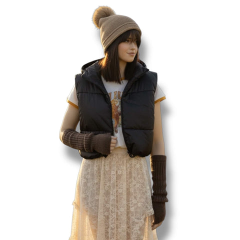 Long fuzzy rib knit arm warmers fingerless gloves with thumb holes in brown or dark gray worn scrunched or elbow length for cozy winter styling