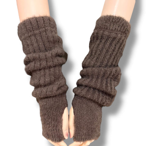 Long fuzzy rib knit arm warmers fingerless gloves with thumb holes in brown or dark gray worn scrunched or elbow length for cozy winter styling