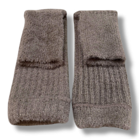 Long fuzzy rib knit arm warmers fingerless gloves with thumb holes in brown or dark gray worn scrunched or elbow length for cozy winter styling