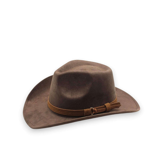 Western Wide Brim Suede Cowboy Hat in dark brown brown fringe band white background