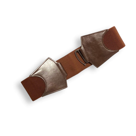 Back view of brown corset belt showing stretch spandex panel